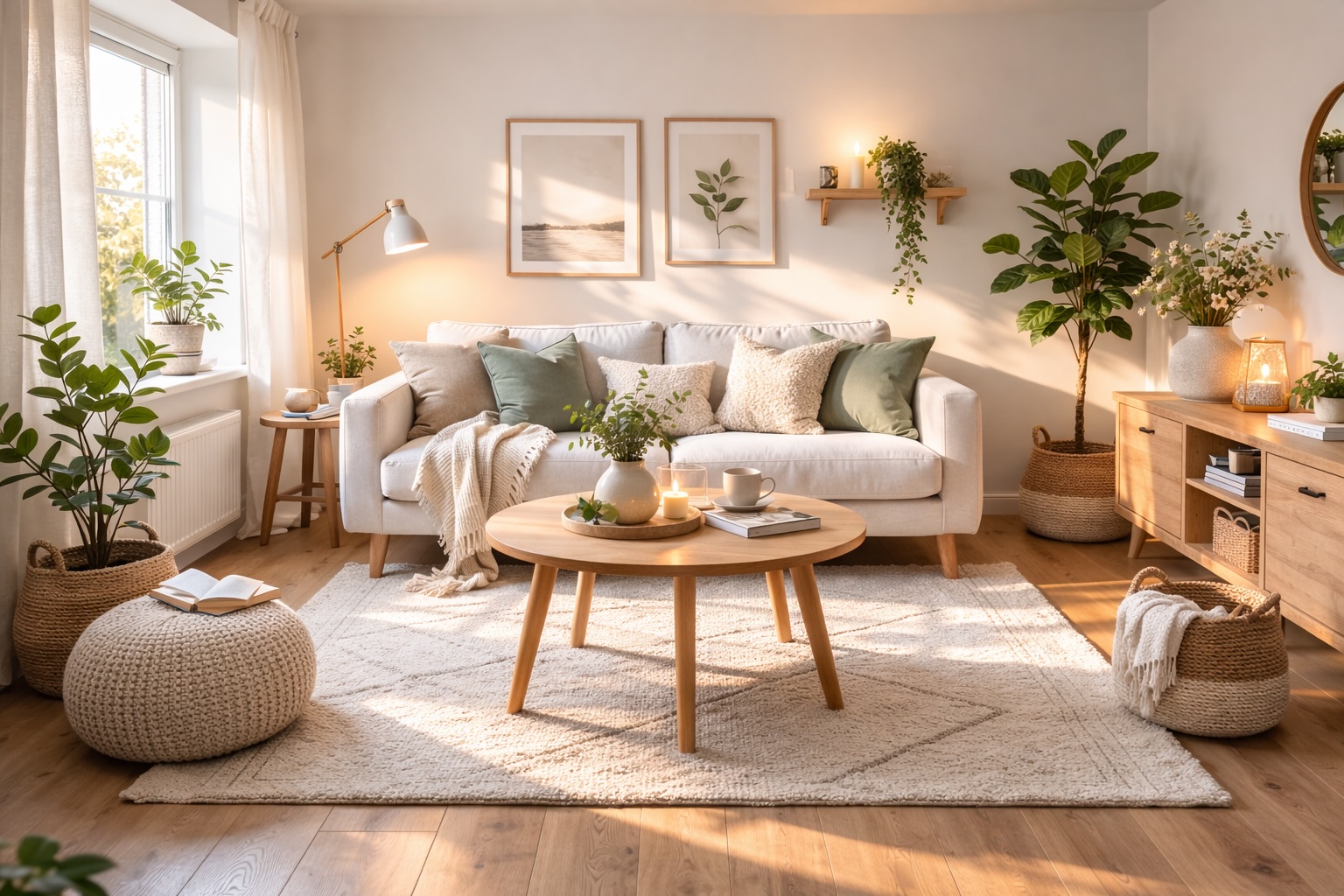 A round wood coffee table in a small, well-styled living room with a sofa and rug