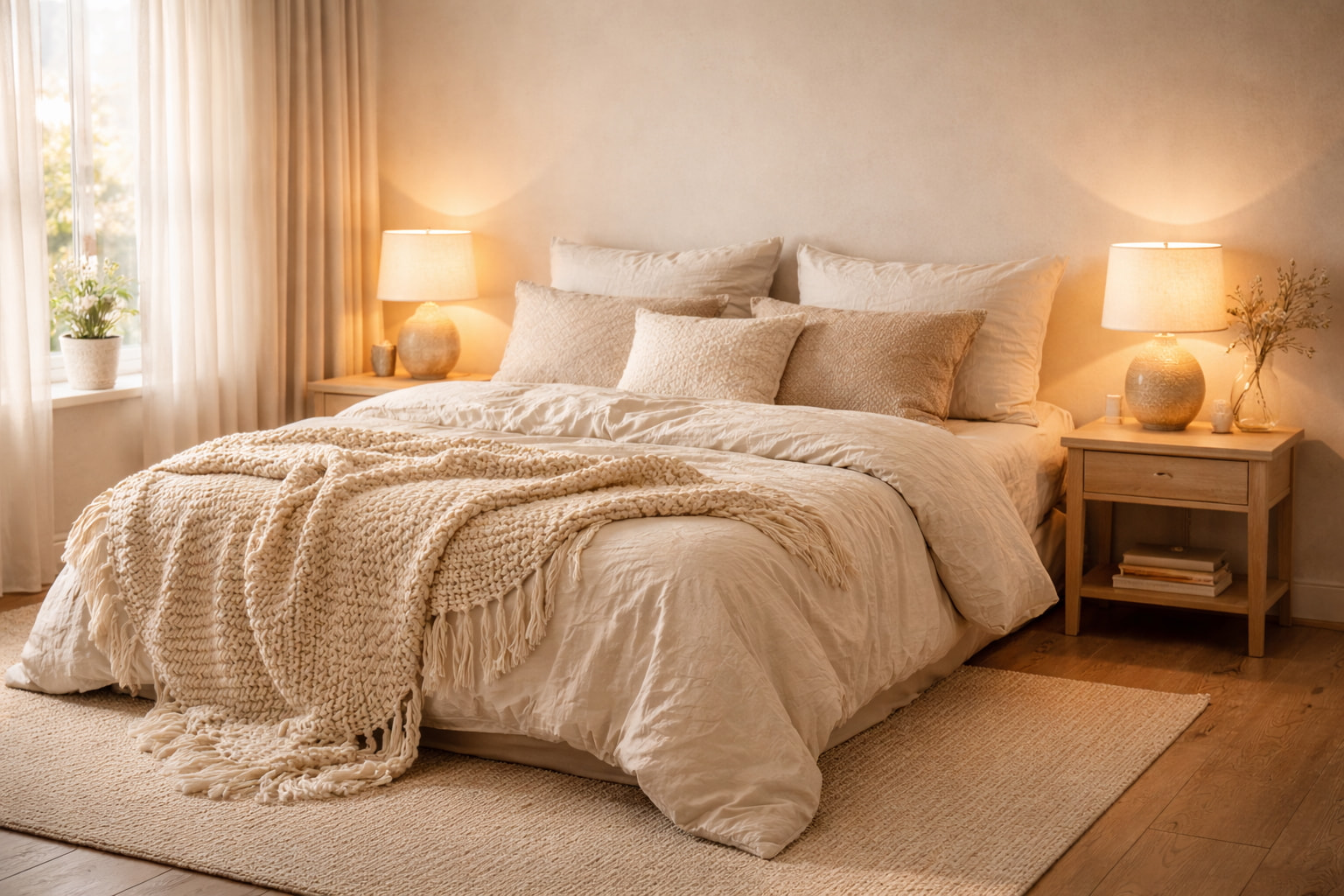 A cozy bedroom with layered neutral bedding, warm lamp light, and soft textures