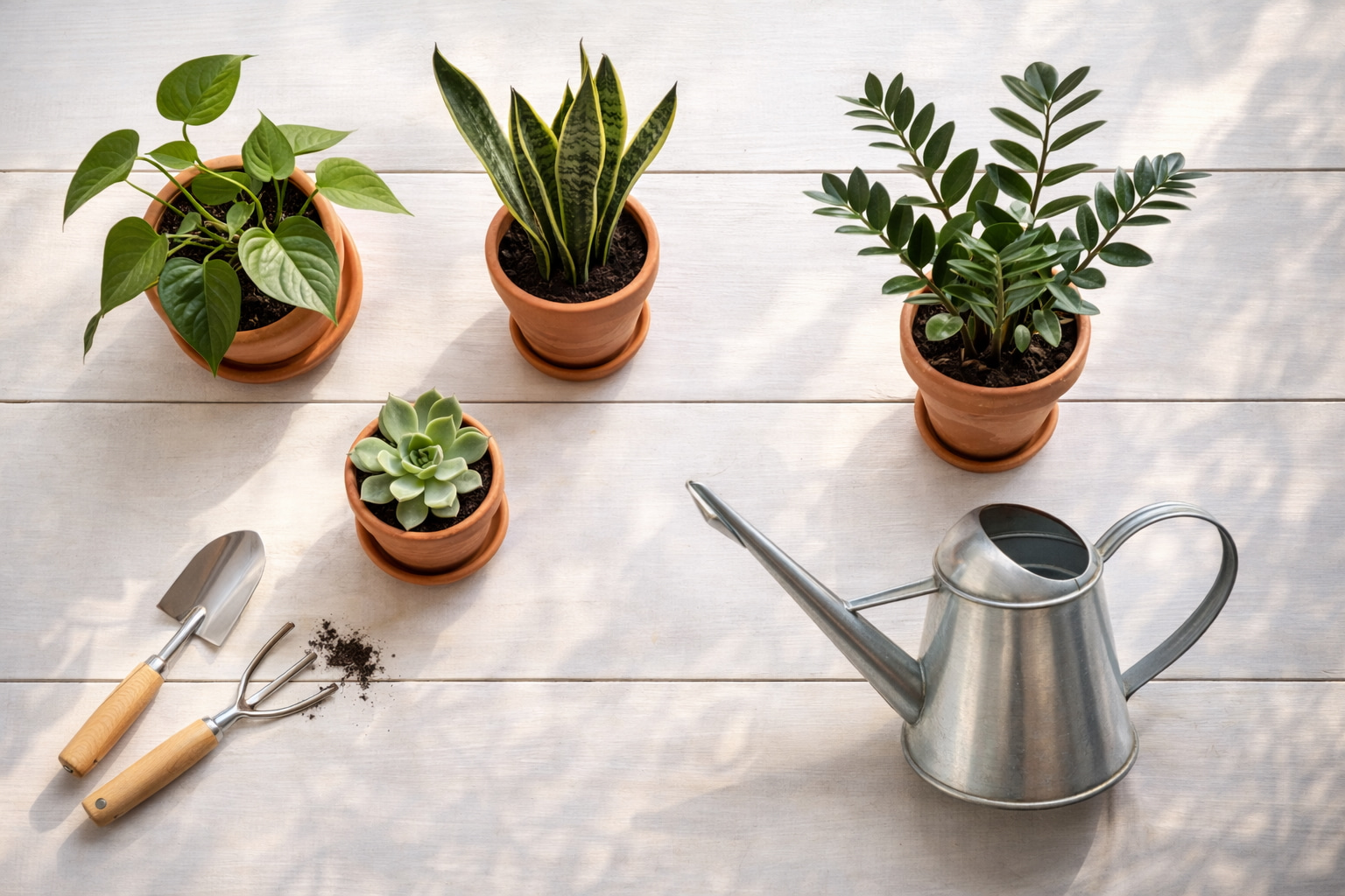 Collection of lush indoor plants on a shelf in a dimly lit living room