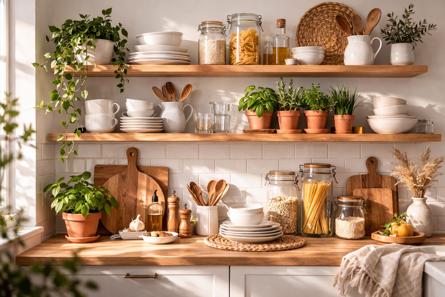Beautifully styled open kitchen shelves with white dishes, plants, and wooden accents