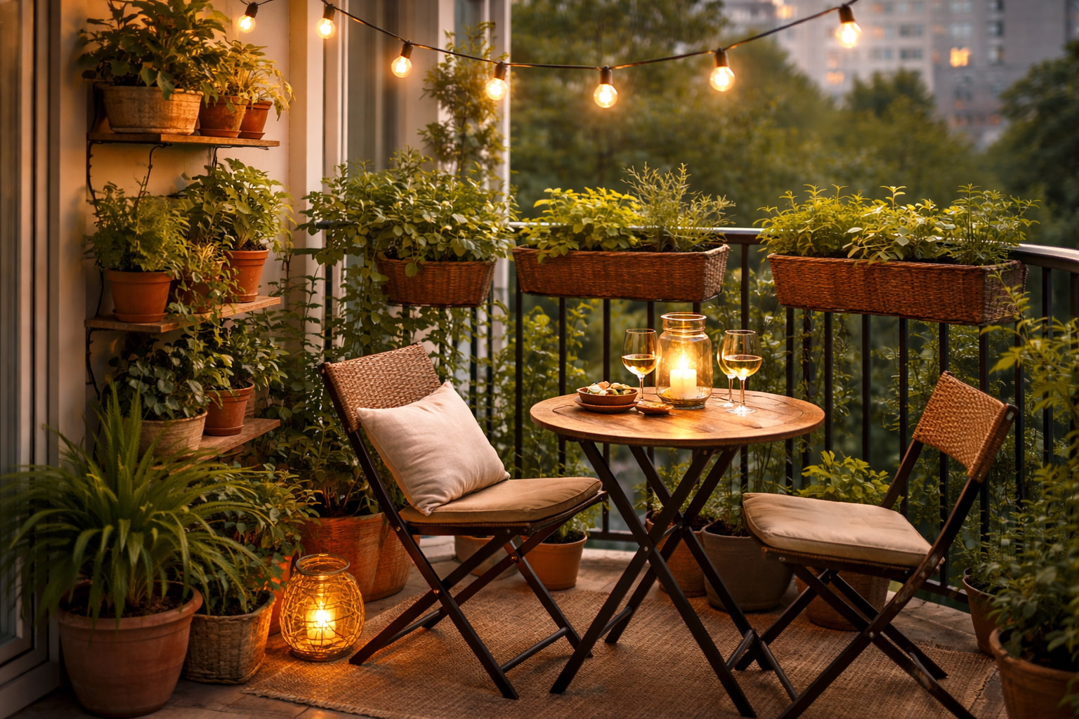 A small apartment balcony transformed into a lush green garden with hanging planters and railing pots