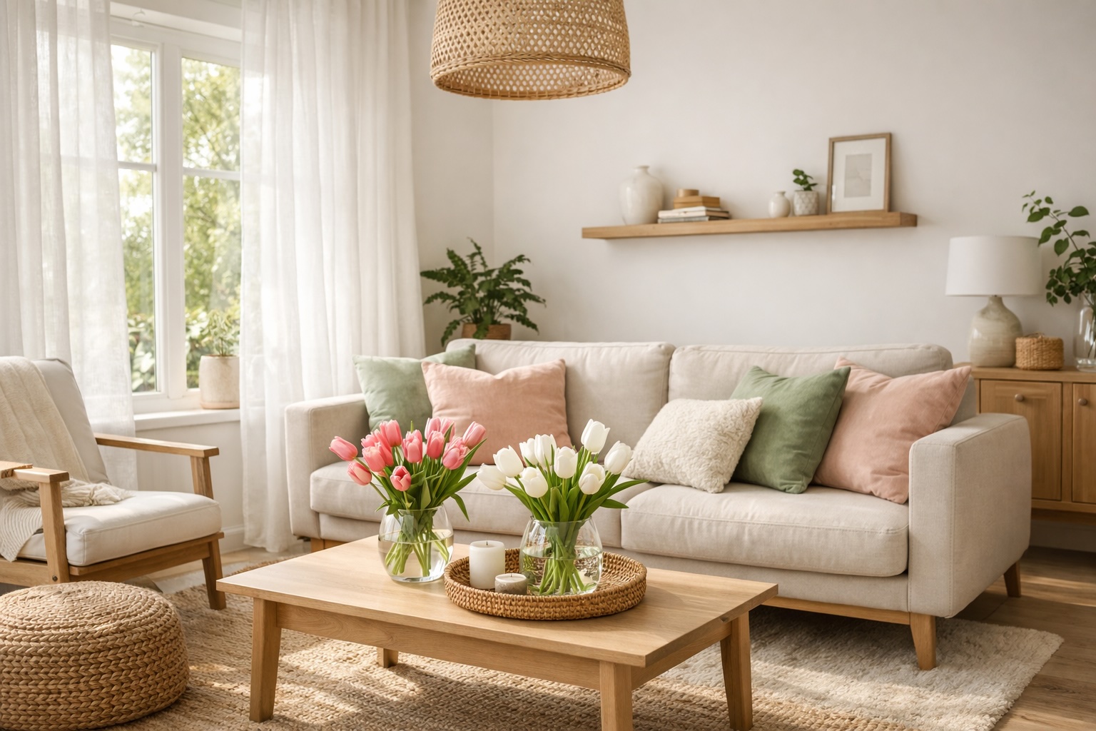 Bright living room decorated for spring with fresh flowers, light linen pillows, and greenery